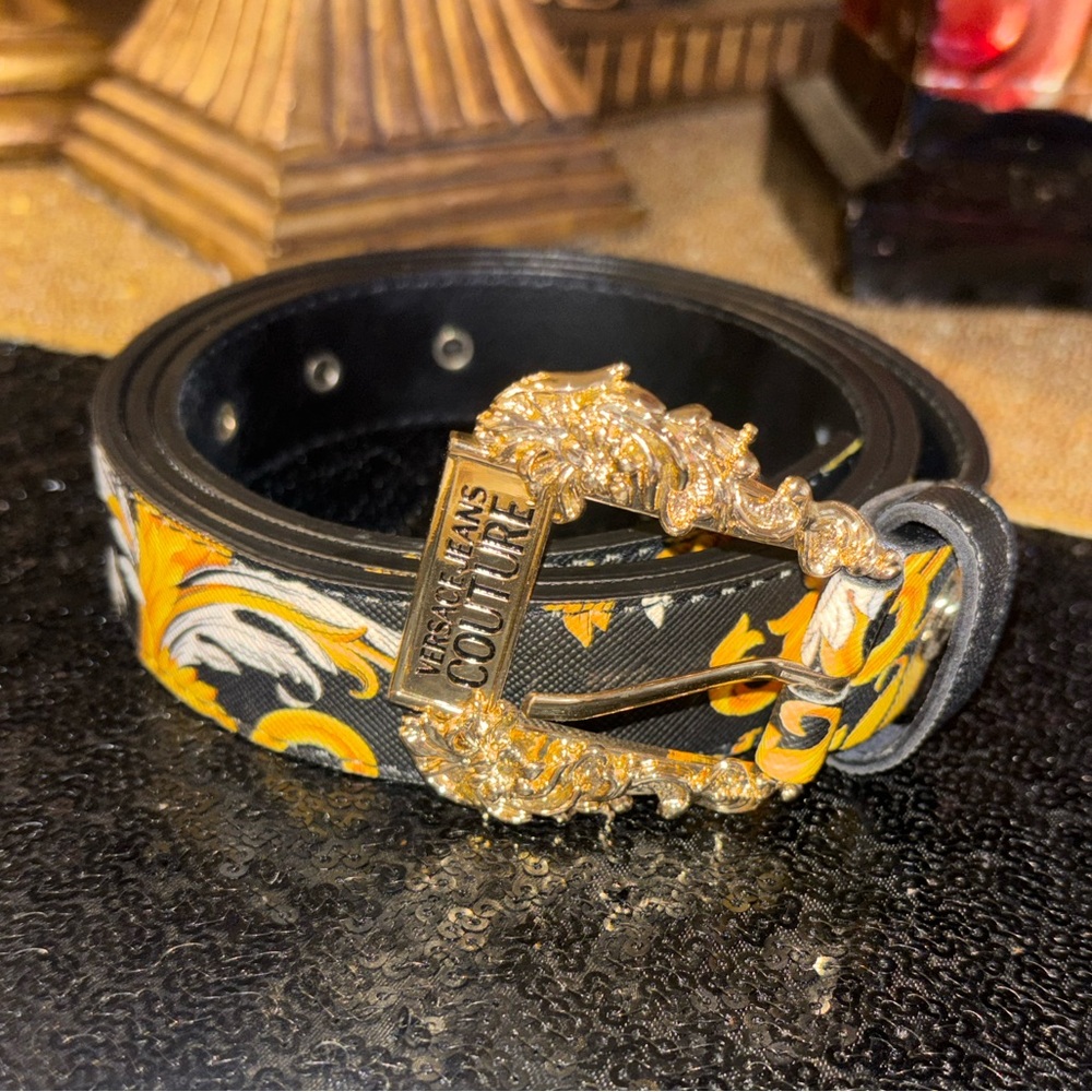 Versace Jeans Couture baroque-print belt with an ornate logo buckle